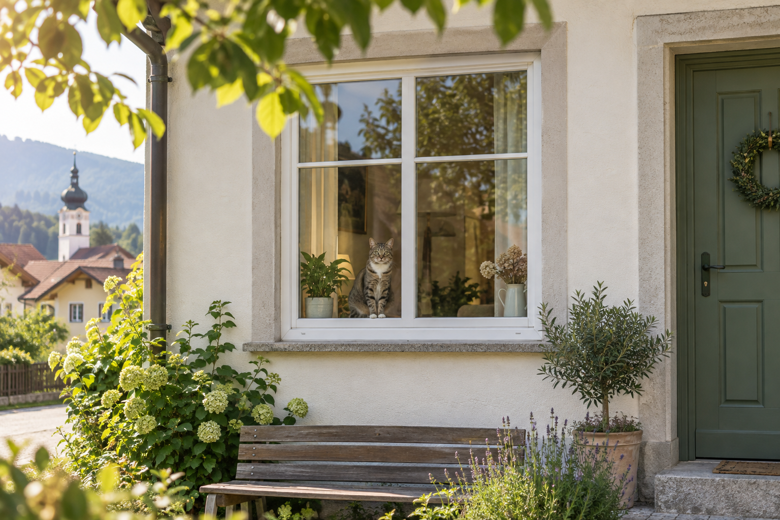 Helle Wohnhausfassade mit Katze an einem Fenster